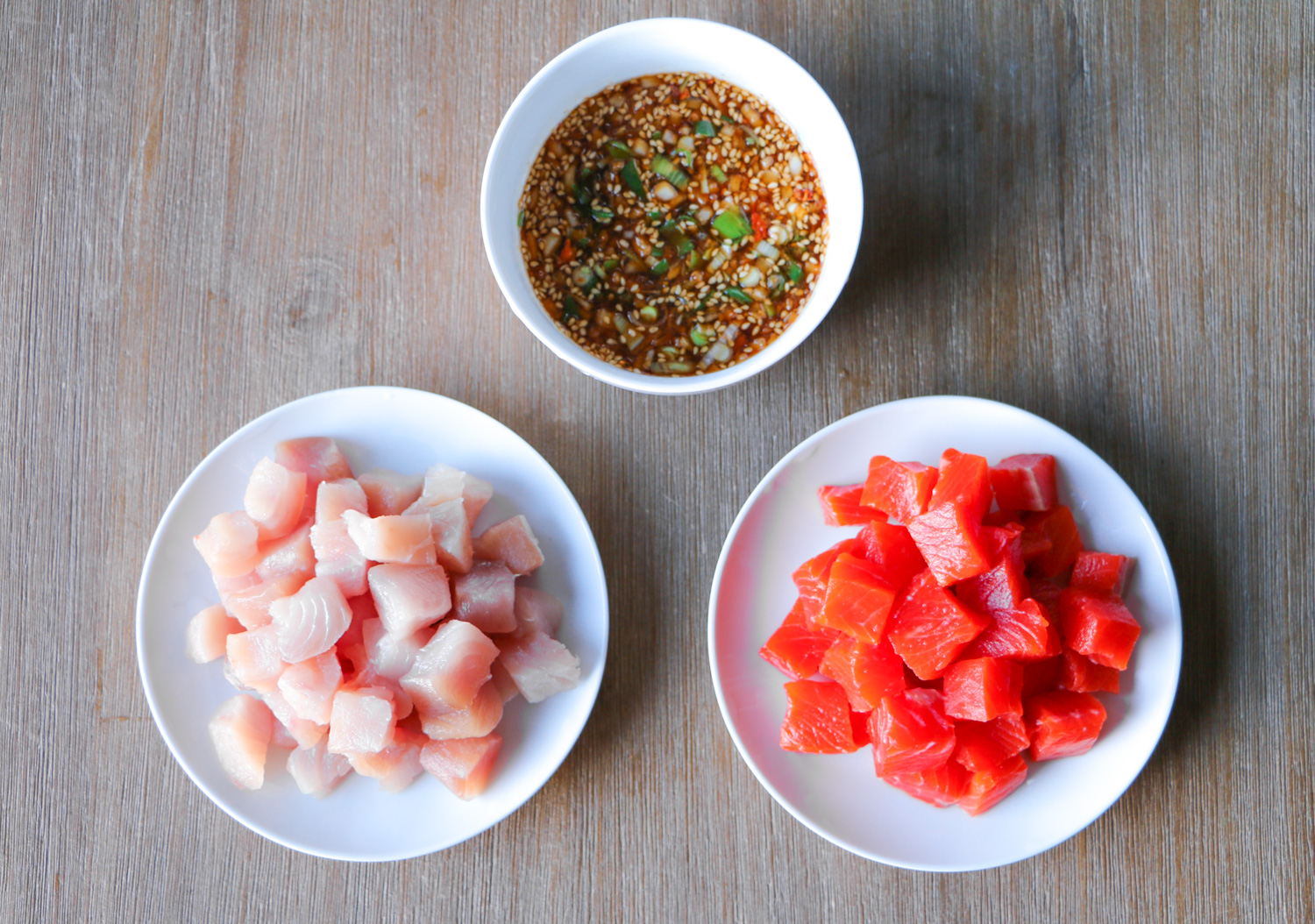 Tuna and salmon chucks with shoyu poke marinade