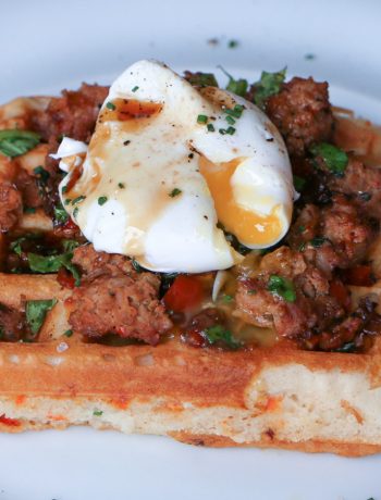 Breakfast Sausage and Egg Waffles with Maple Syrup
