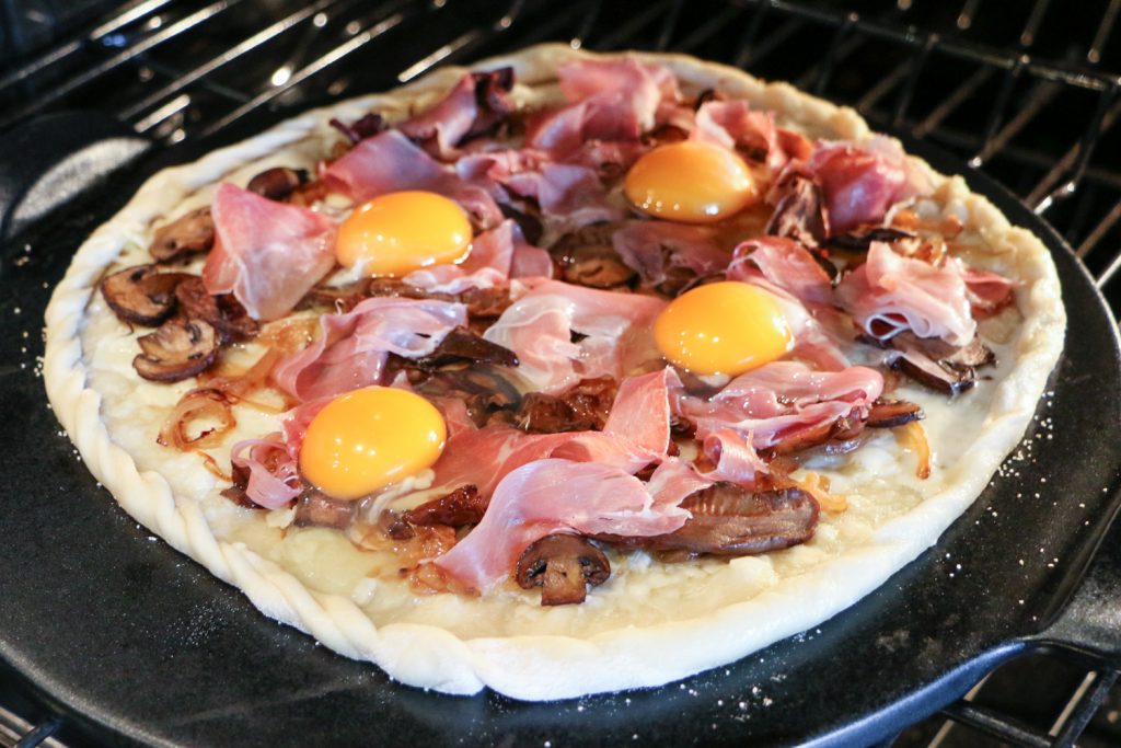 Breakfast Pizza with Prosciutto, Caramelized Onions, Mushrooms