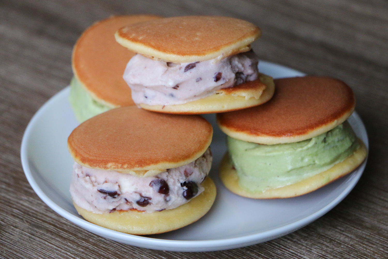 Matcha and red bean ice cream filled dorayaki.