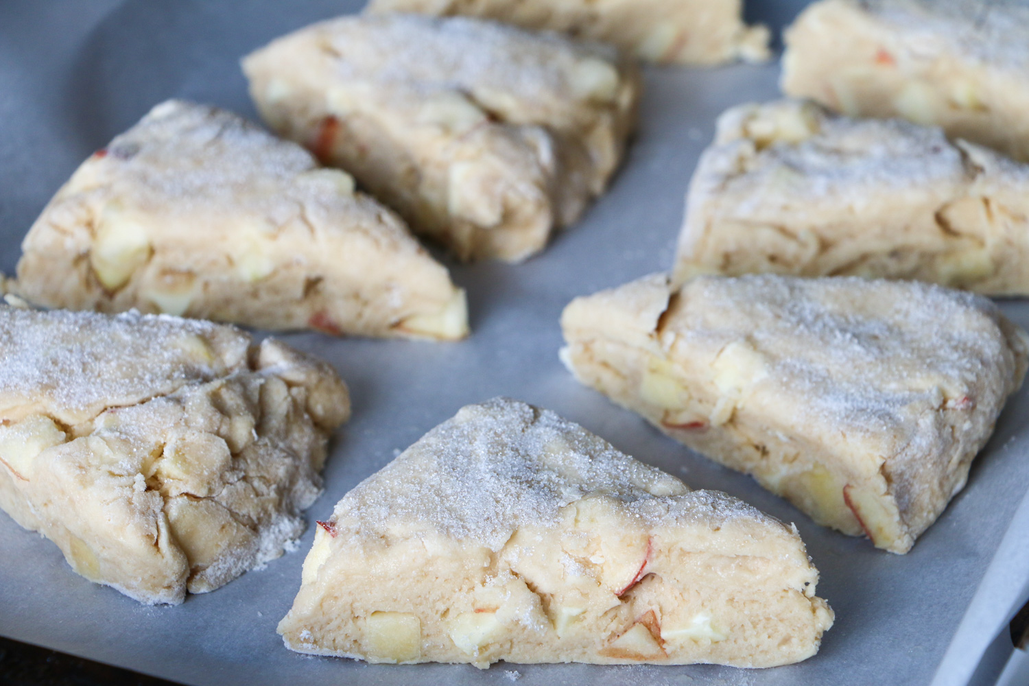 Scones cut into triangle ready to be baked